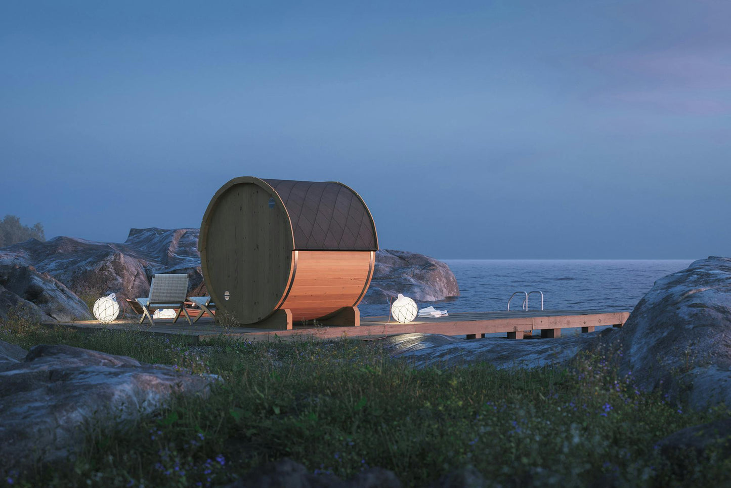 Barrel Sauna Vidar garden setting
