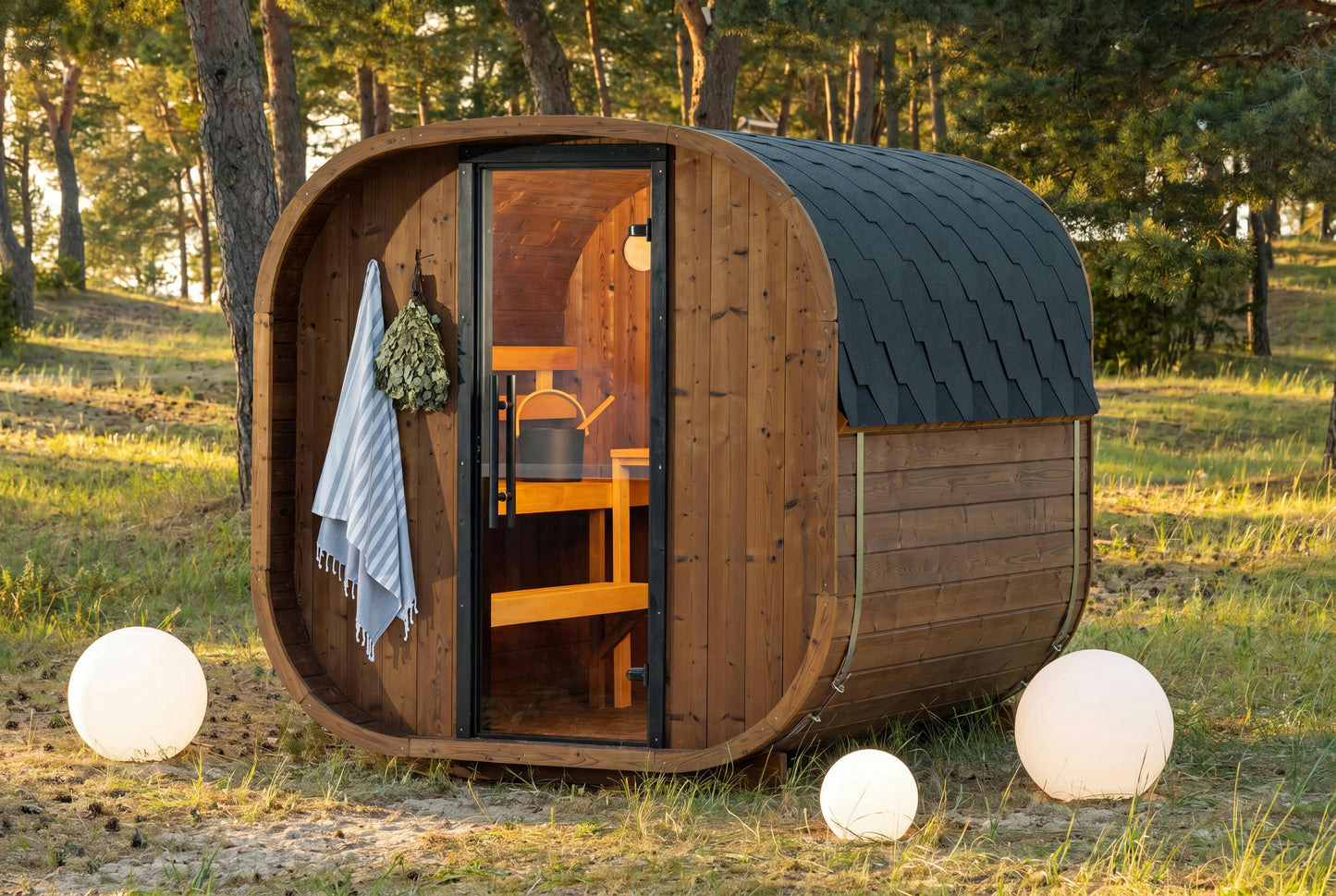 Sandvik ThermoWood outdoor sauna in garden setting