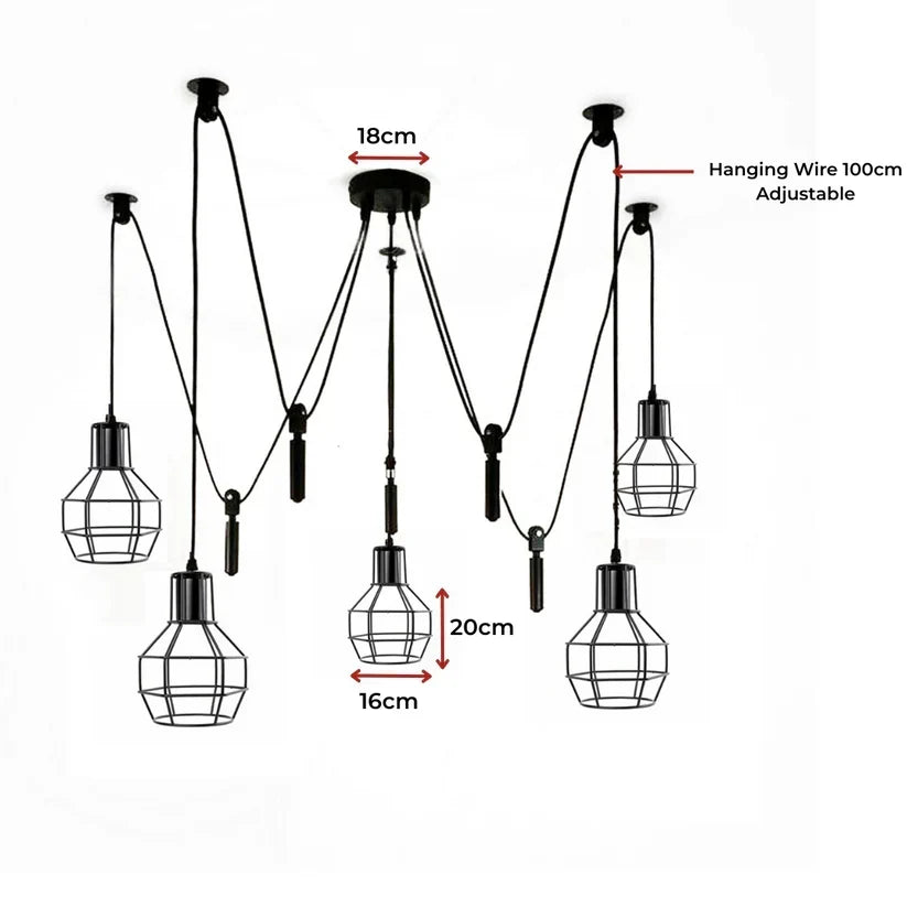 Close-up of metal wire cage on industrial spider pendant light