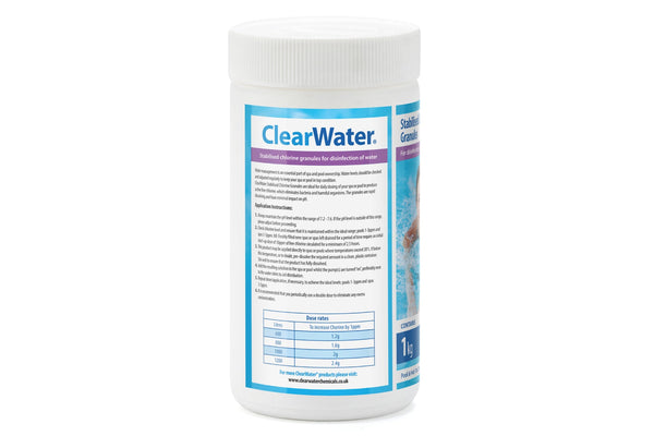 ClearWater Stabilised Chlorine Granules label and dosage guide