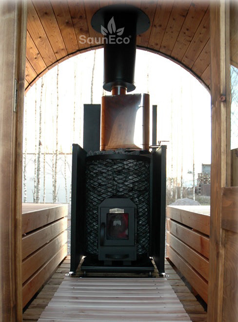 Stoveman XS-Y wood-burning sauna heater installed in sauna room