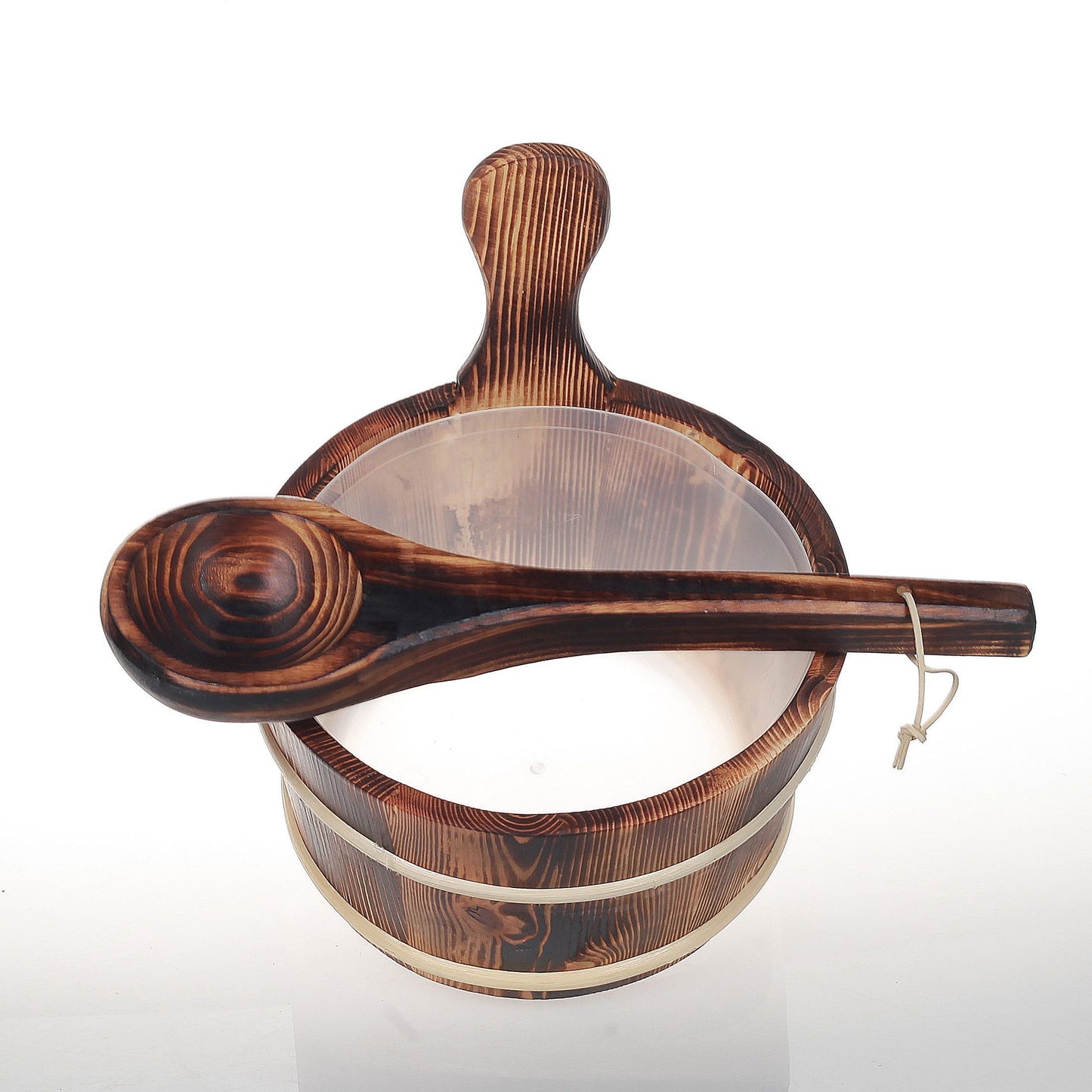 SAUFLEX 4,0 L WOODEN BUCKET AND 36CM LADLE, BURNED ASPEN