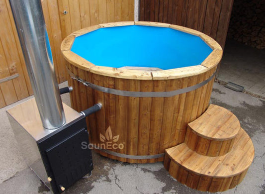 Wood stairs positioned against a wooden hot tub