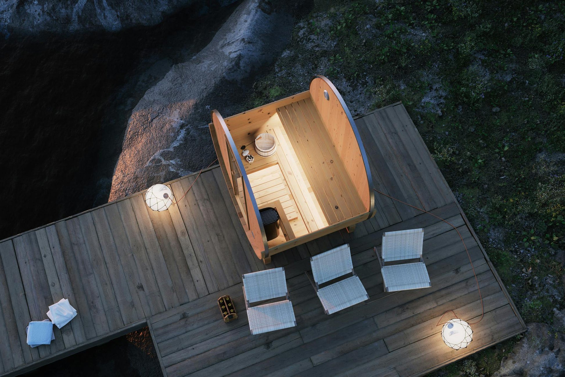 Barrel Sauna Edda garden installation