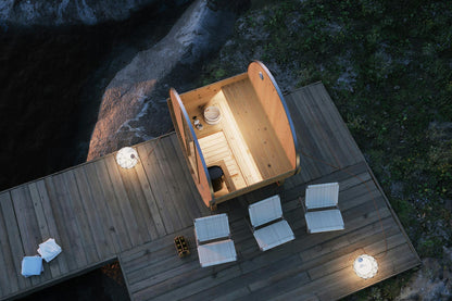 Barrel Sauna Edda garden installation