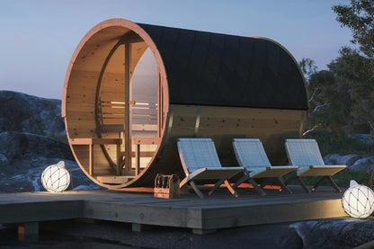 Brage barrel sauna exterior with glass entrance and ThermoWood finish