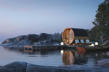 Brage barrel sauna interior with aspen benches