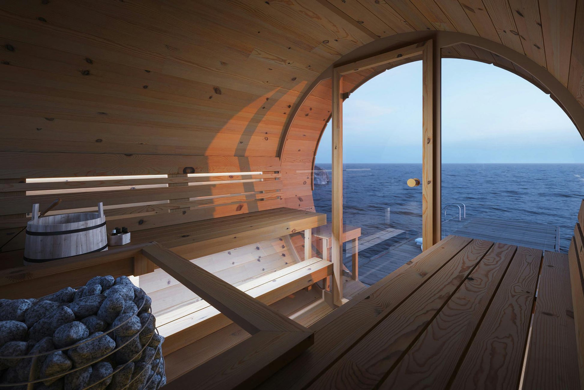 Brage barrel sauna glass door entrance view