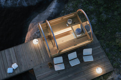 Brage barrel sauna round entrance canopy detail