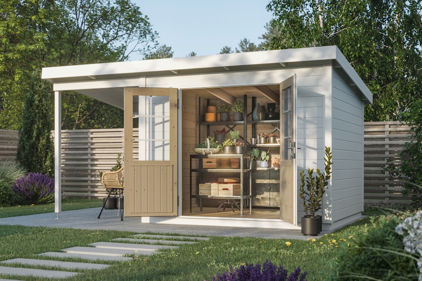 Storage Shed Thea – 10m² with Roofed Patio