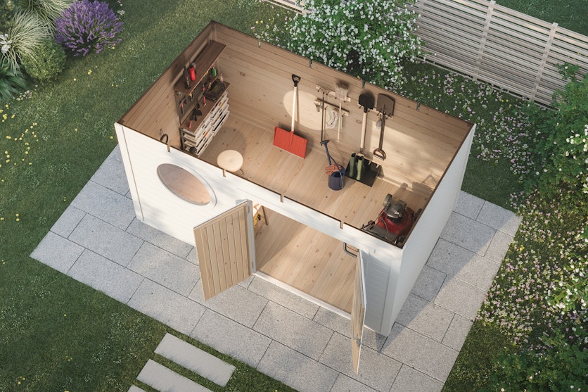 Storage Shed Lo garden setting lifestyle photo