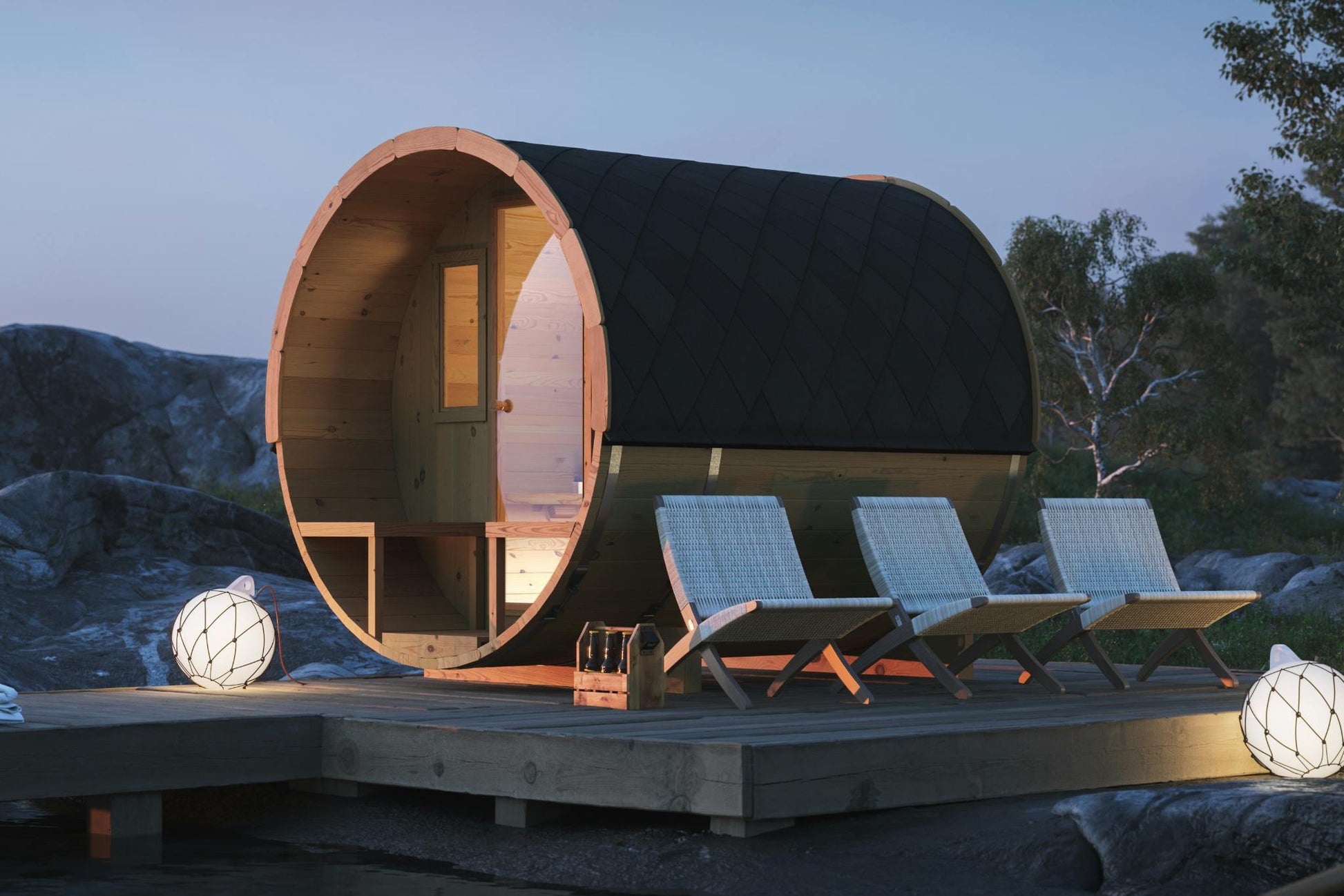 Barrel Sauna Arvid 4 person garden sauna with entrance canopy