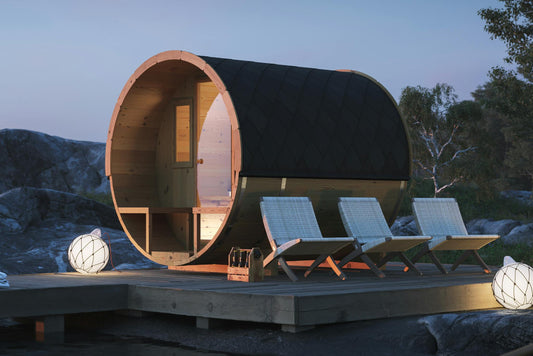 Barrel Sauna Arvid 4 person garden sauna with entrance canopy