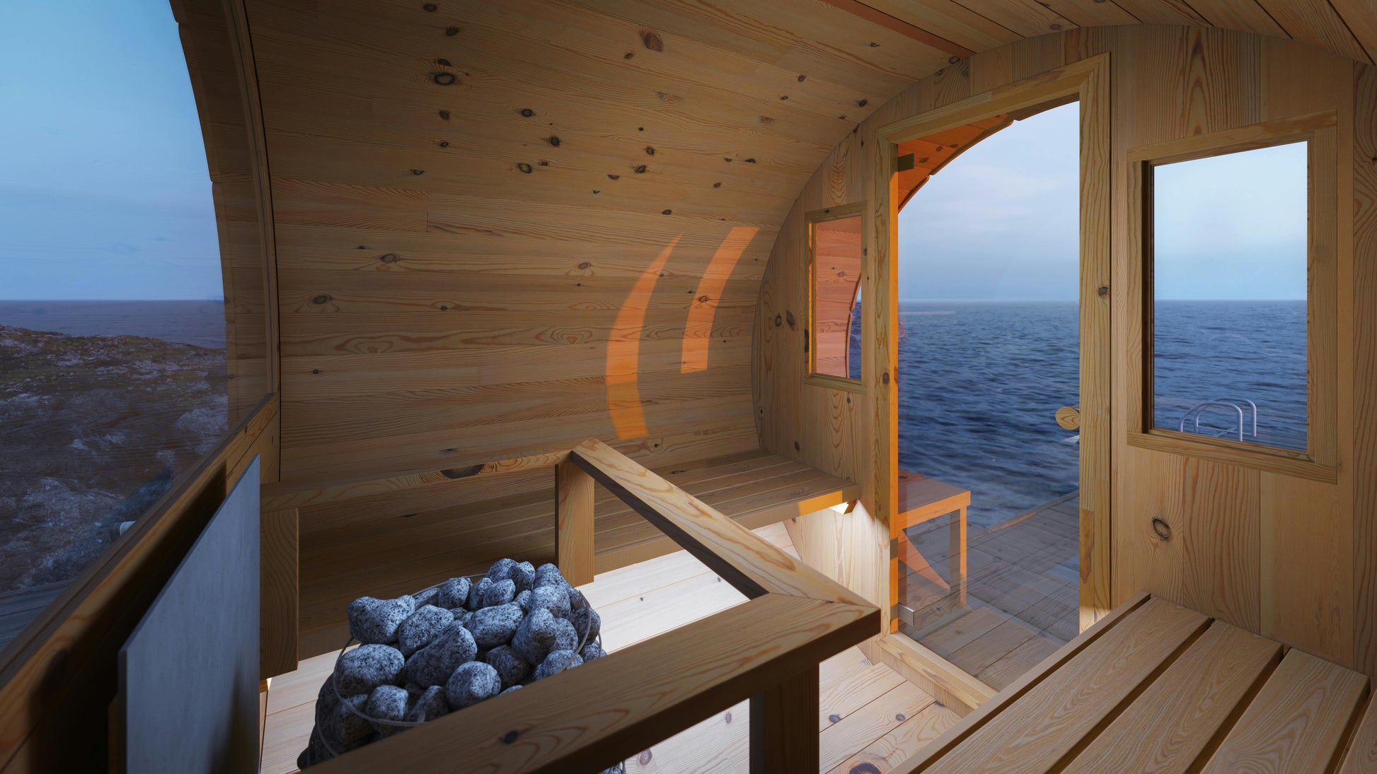 Barrel Sauna Arvid curved entrance bench seating
