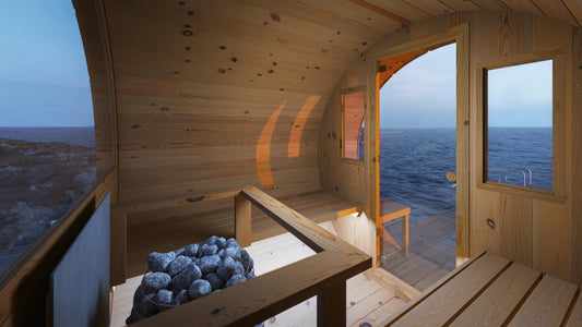 Barrel Sauna Arvid curved entrance bench seating