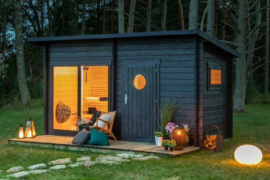 Sauna Kivi log sauna kit exterior with large windows