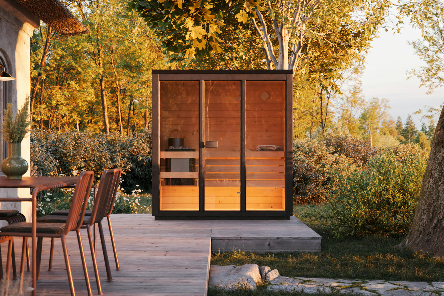 Sauna Lumi garden setting exterior view