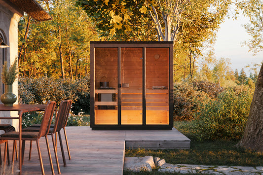 Sauna Lumi garden setting exterior view