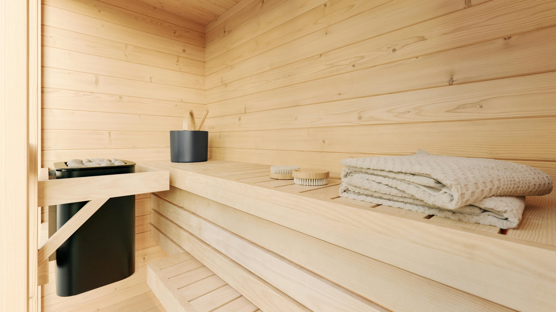 Sauna Lumi interior bench and window view