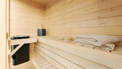Sauna Lumi interior bench and window view