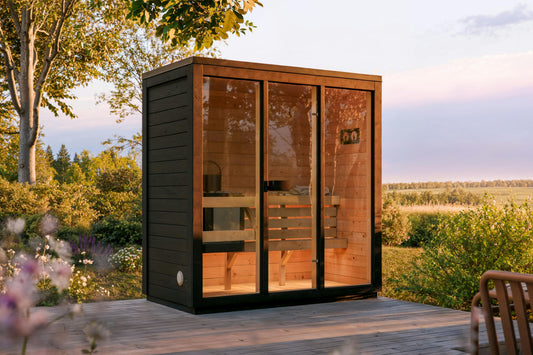 Sauna Lumi exterior with glass panel design