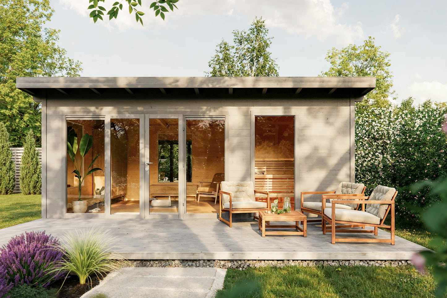 Sauna Aron garden exterior view