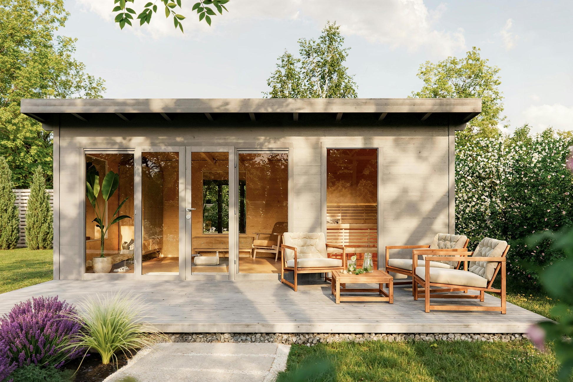 Sauna Aron garden exterior view