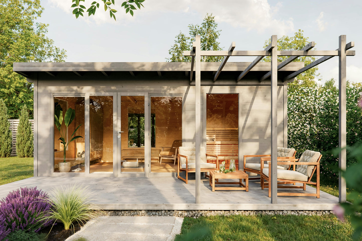 Sauna Aron exterior with pergola and deck