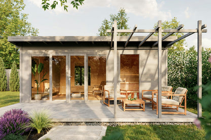 Sauna Aron exterior with pergola and deck