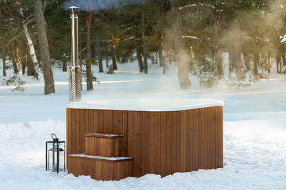 Avante hot tub rear view with stove chimney