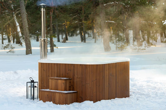 Avante hot tub rear view with stove chimney