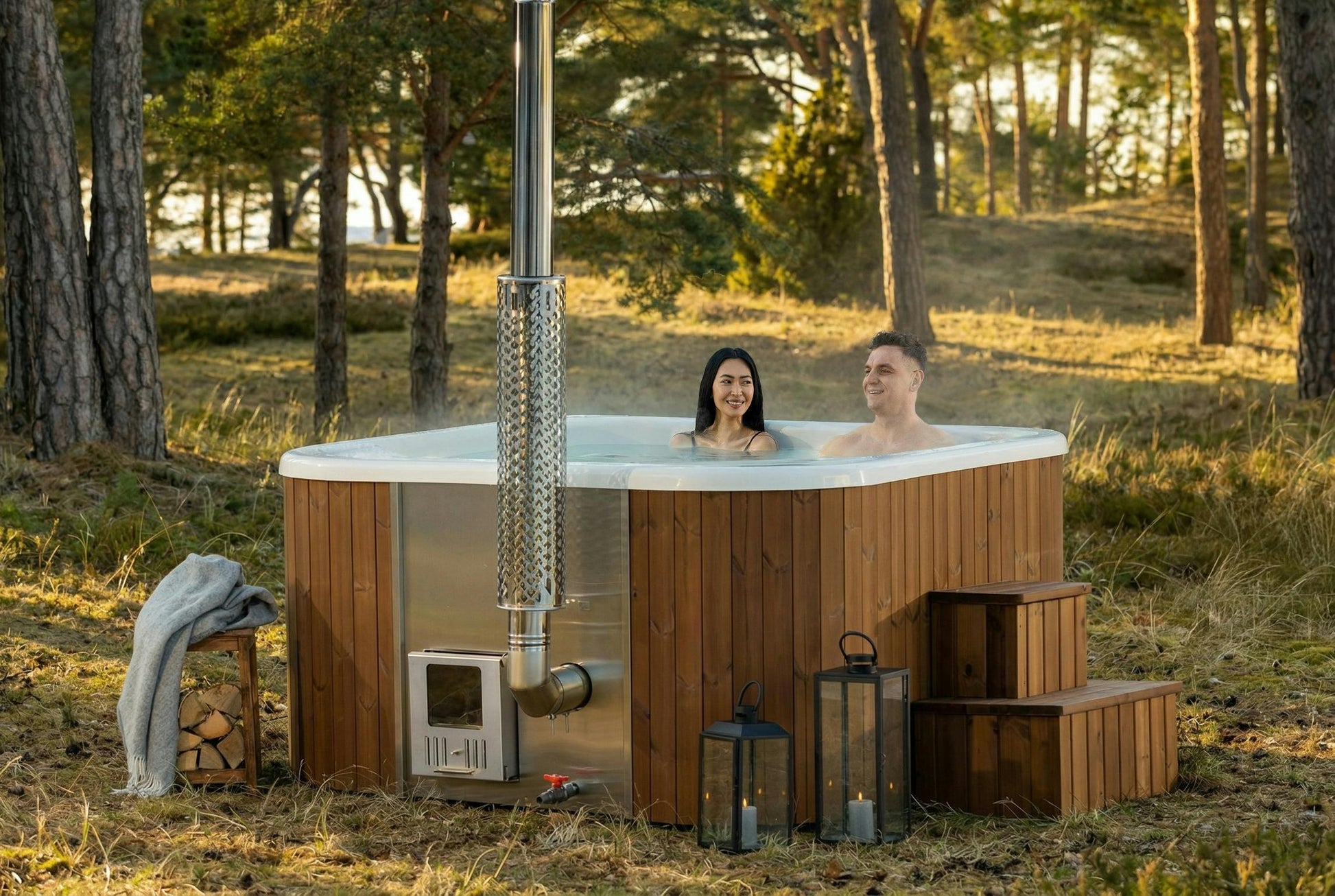 Avante wood-fired hot tub summer garden view
