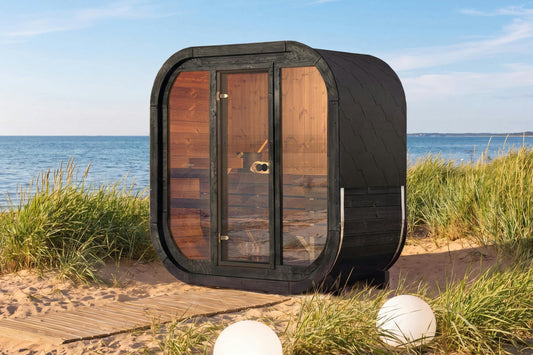 Sauna Narvik Black exterior summer garden view