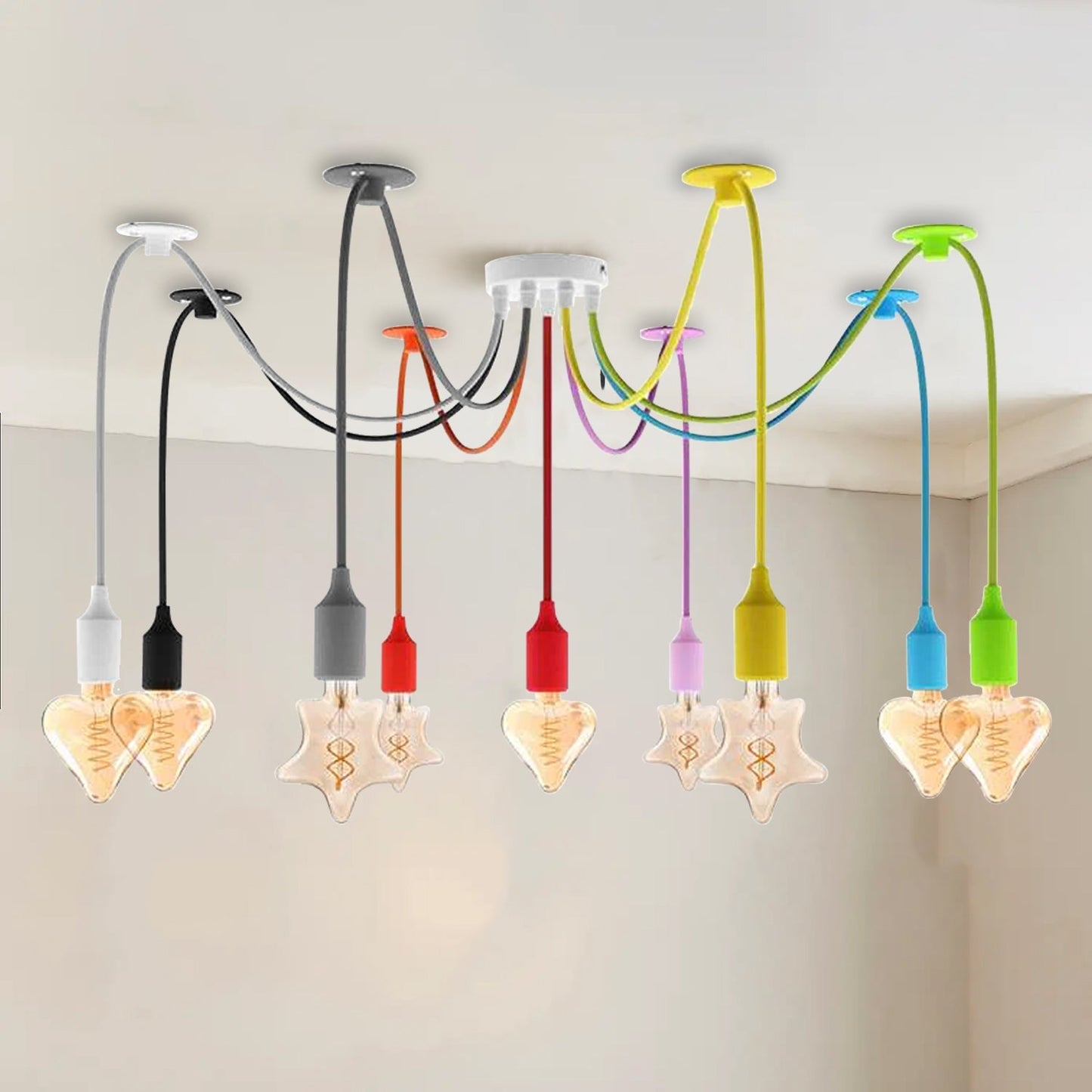 9-Head Spider Pendant Light – Multi-Colour Swag Hook Plug-In Lighting ~4667