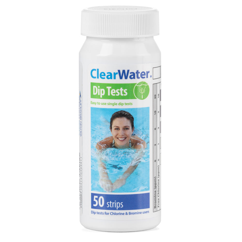 ClearWater 4-in-1 hot tub test strips checking chlorine, bromine, pH and alkalinity