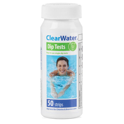 ClearWater 4-in-1 hot tub test strips checking chlorine, bromine, pH and alkalinity