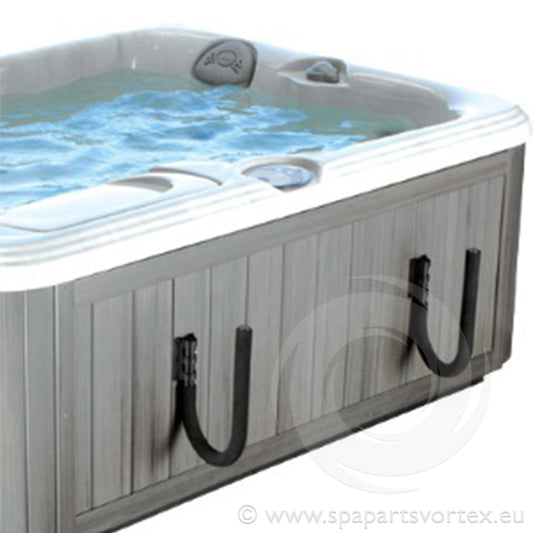 CoverCatch black spa cover lifter mounted on hot tub