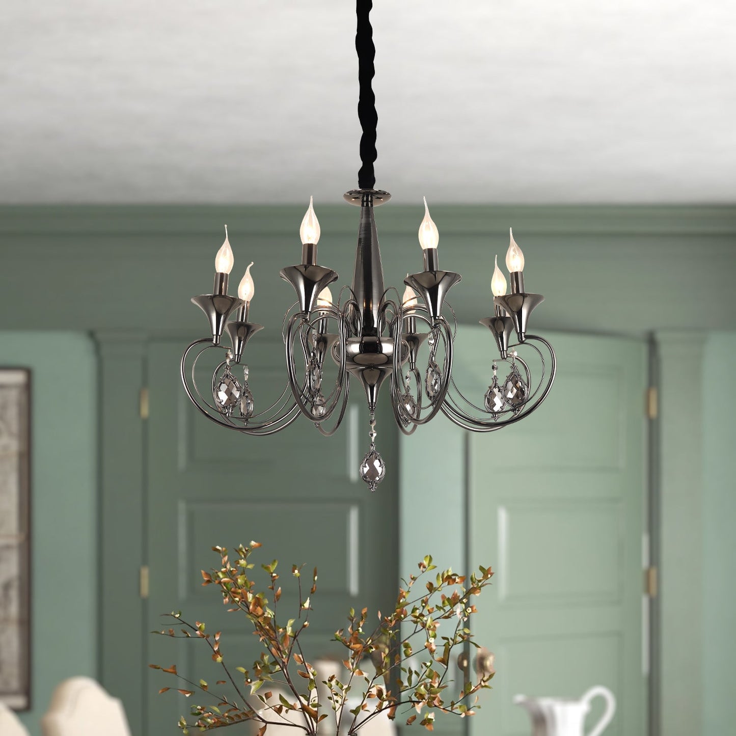 Candle Chandeliers Light 6 Curved Arm Black E14 Pendant Light Crystal Droplet~4998