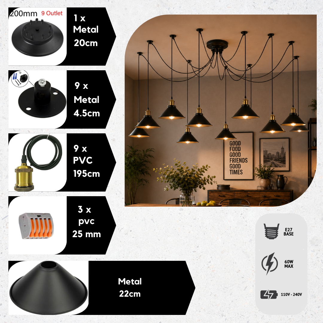 9-Light Spider Pendant Chandelier | E27 Industrial Lighting ~6668