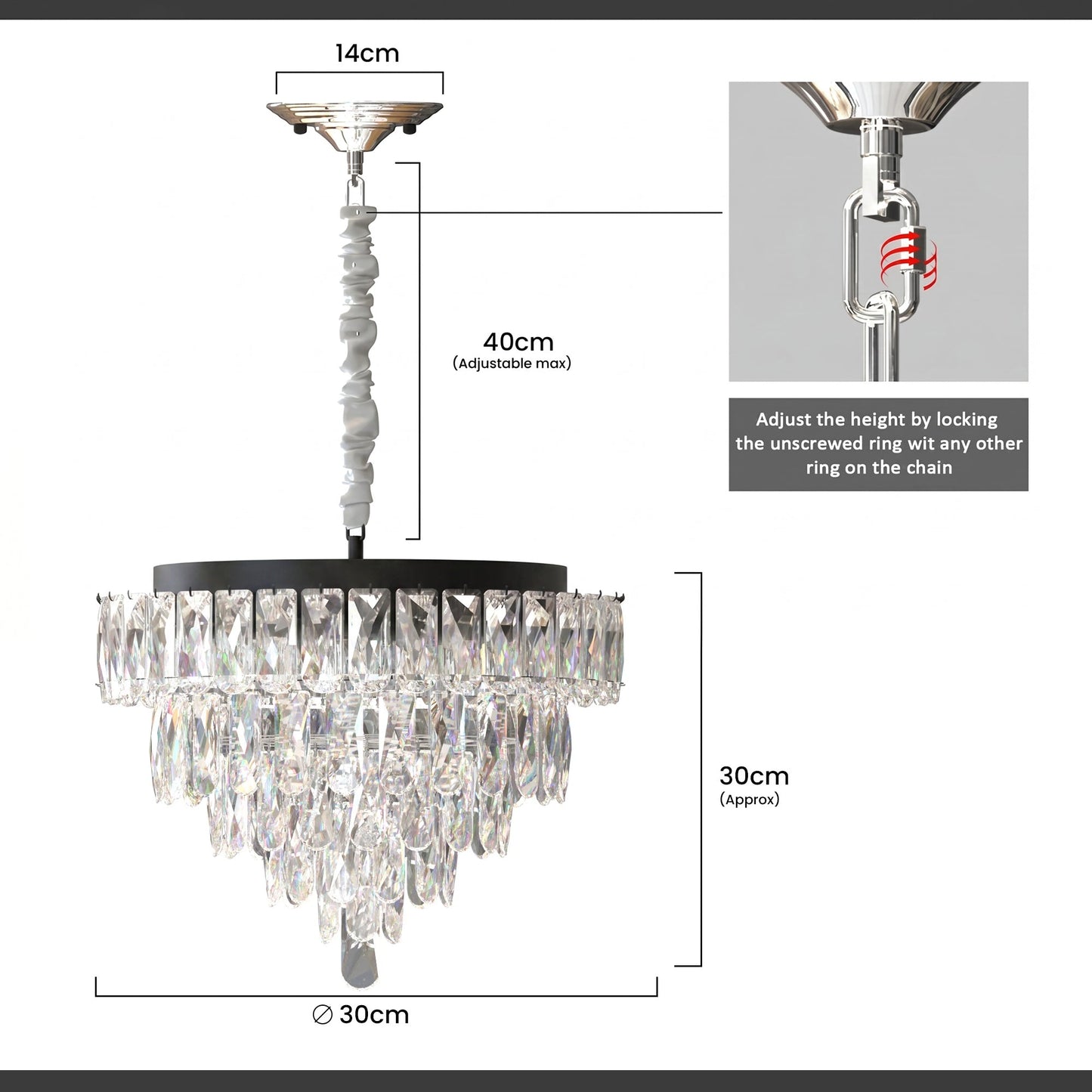Modern Crystal Glass Layer Black Cord Chandelier Round Ceiling Light ~5425