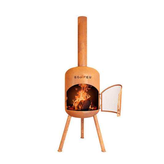 BonFeu BonBono fire pit in Rust finish with open flame