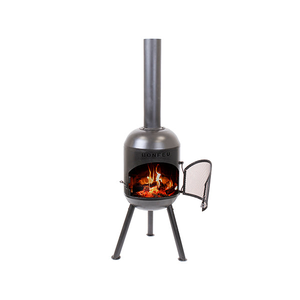 BonFeu BonSolo outdoor fireplace lit with fire in garden setting