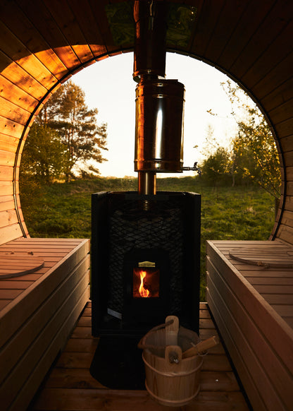 Luxury panorama barrel sauna for 6 (↔9ft) + glass wall + terrace + wood-burning stove