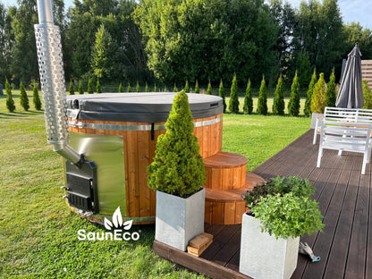 Wood Fired Hot Tub with Internal Heater and Fiberglass Lining. Diameter 2 Meters. Room for up to 5 People.