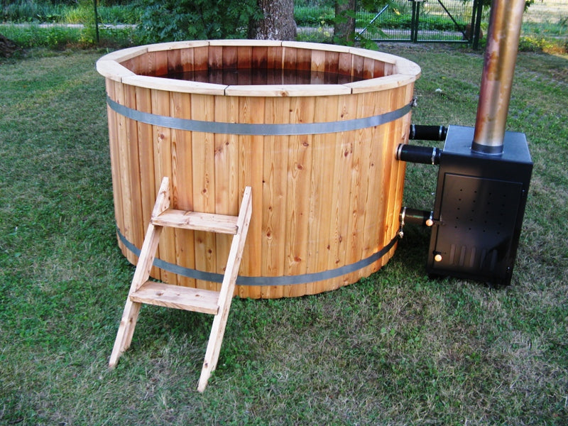 Customers favourite! 6-person Ø5.5ft Round Wooden Hot Tub Spa + External Woodburning heater