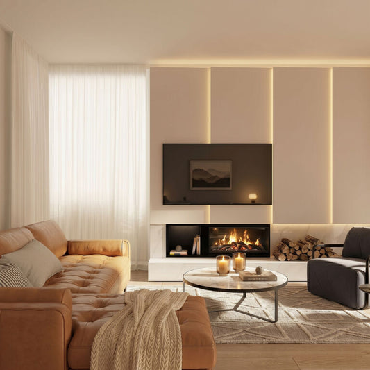Escea LE800 holographic electric fireplace with realistic flame technology