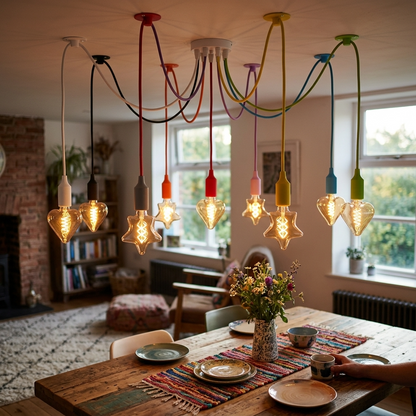 9-Head Spider Pendant Light – Multi-Colour Swag Hook Plug-In Lighting ~4667