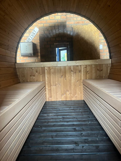 Outdoor Sauna – 2 Rooms – Canopy – Half Moon Glass – Lights