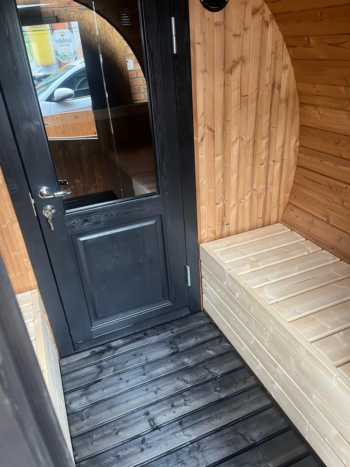 Outdoor Sauna – 2 Rooms – Canopy – Half Moon Glass – Lights