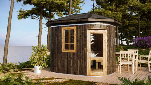 Two room outdoor sauna 3.2m oval exterior